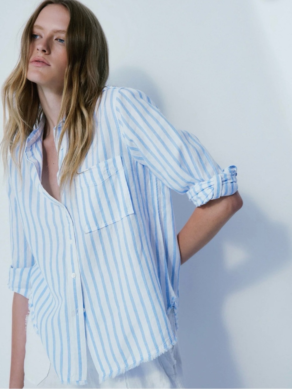 Melissa Nepton Keny Blue & White Striped Linen Button-Up Shirt Large